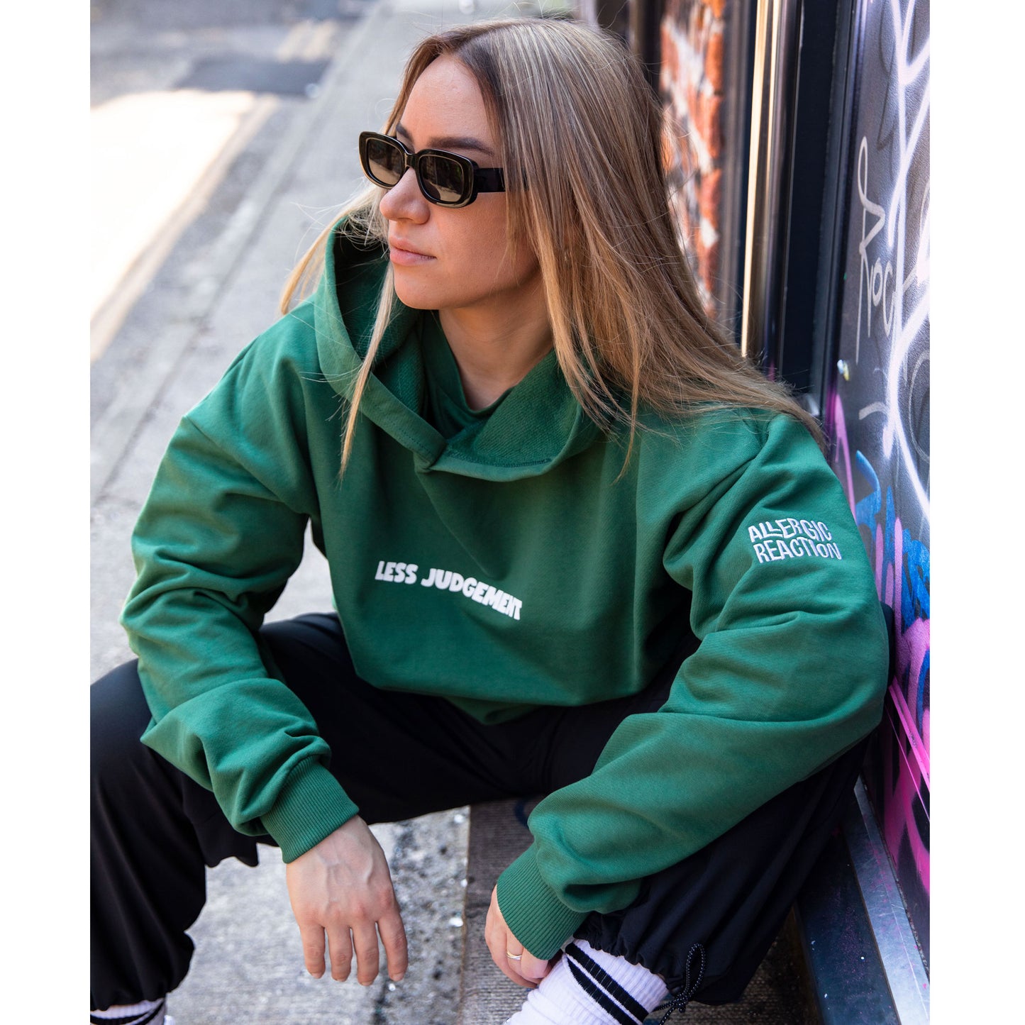 Less Judgement Hoodie - Dark Green - Front Logo